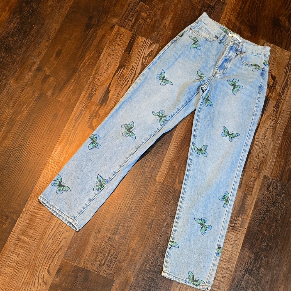 PAC-SUN Light Blue Jeans with Butterfly Print, SZ 24, dad jeans